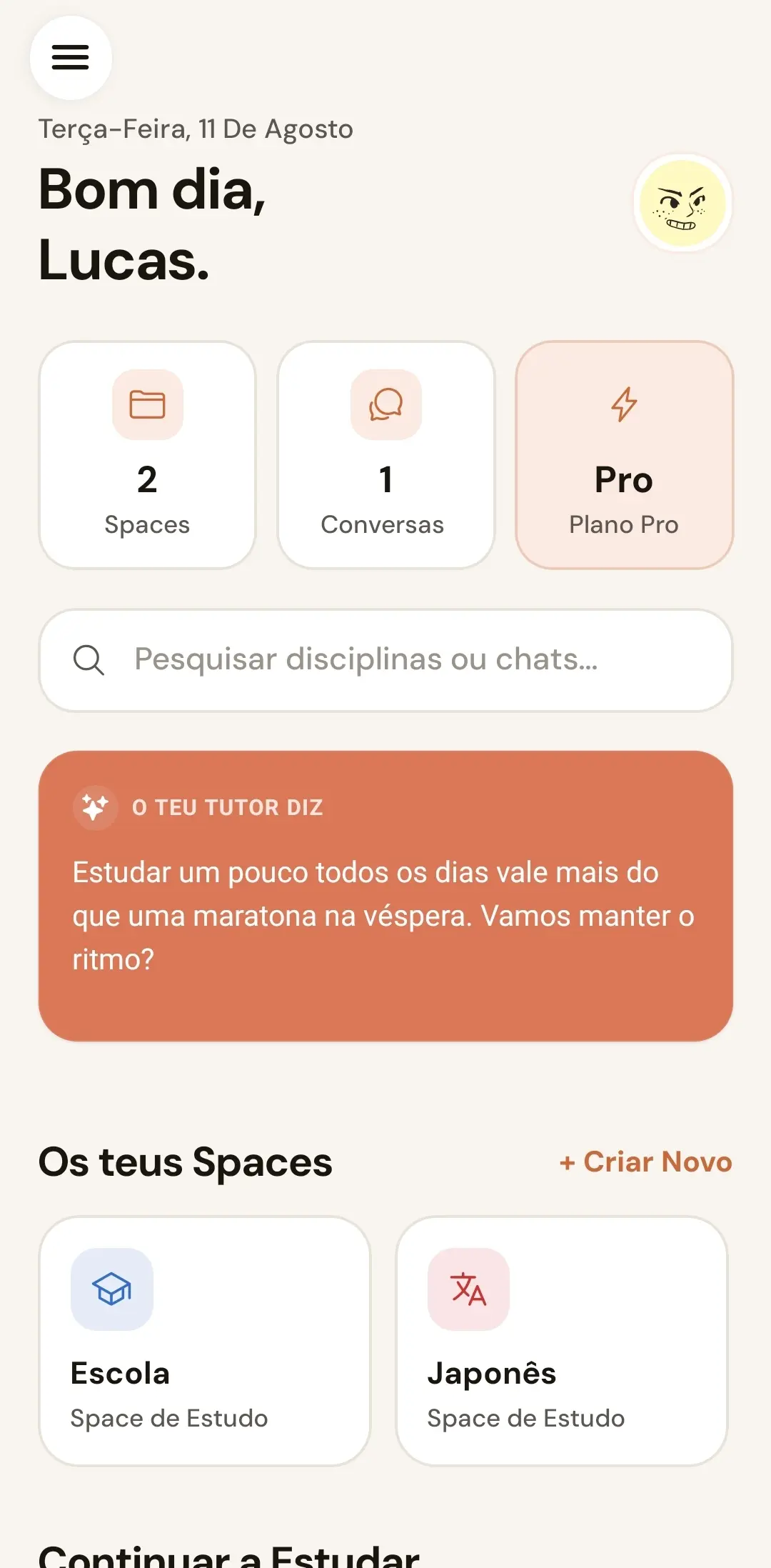 Ecrã principal do chat Oren Study