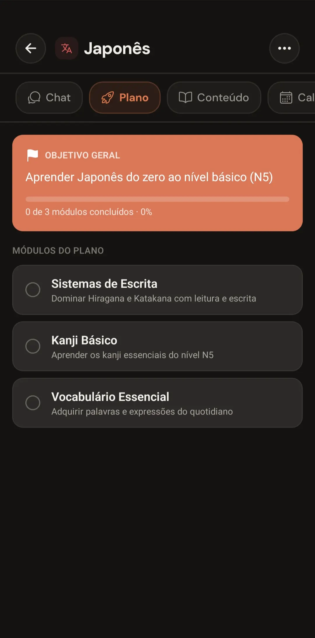 Ecrã de planos do Oren Study