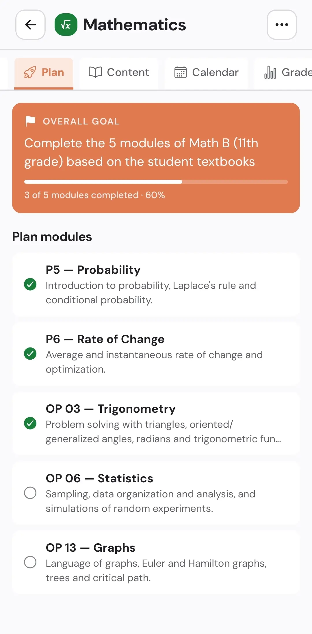 Example of a study plan organised into modules