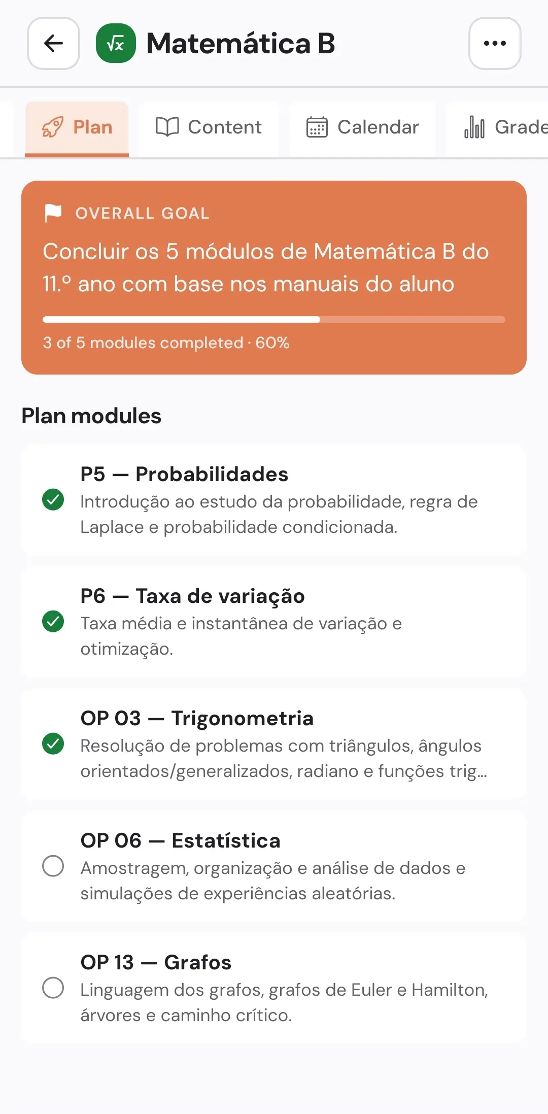 Exemplo de plano de estudo organizado em módulos